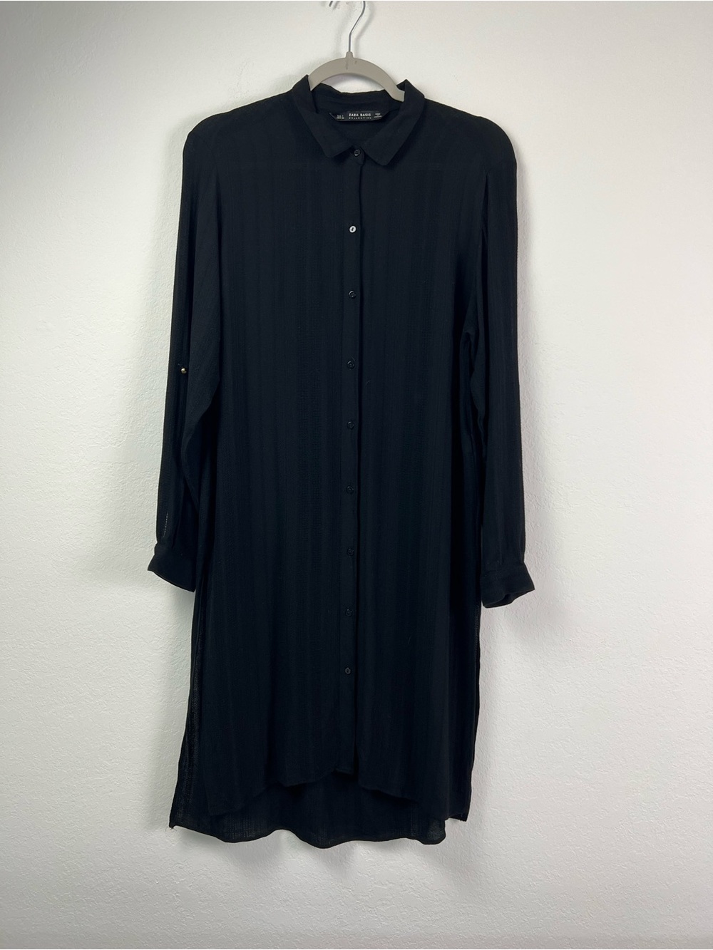 Zara Basic Collection Black Textured Modal Button Down Long Sleeve Dress